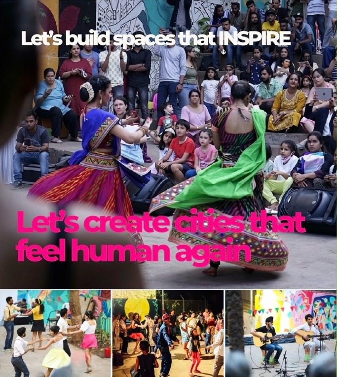 Dancers in swirling skirts on the lower landing of The Steps, with the words Let's build spaces that inspire, let's create cities that feel human again