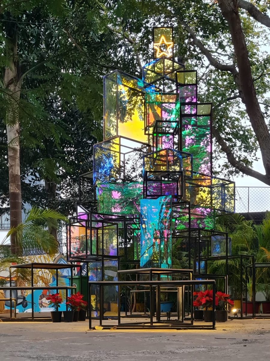 The Box Tree: stacked open boxes with coloured panels rising like a tree