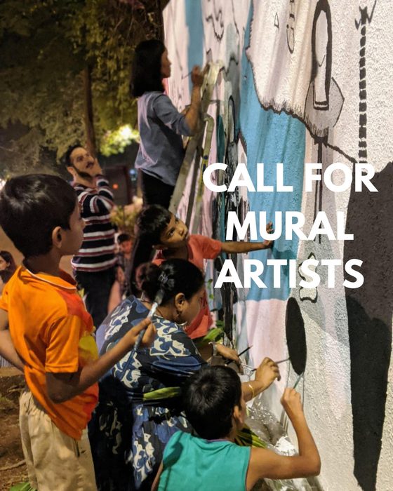 Children painting a mural at night under the words Call for mural artists