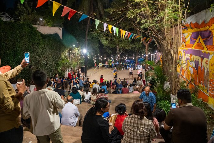 The Steps at night with a crowd under festival lights